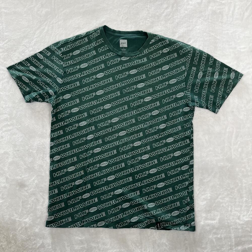 Vintage HUF Worldwide All Over Print T-Shirt Mens XL Green Streetwear Globe Y2K